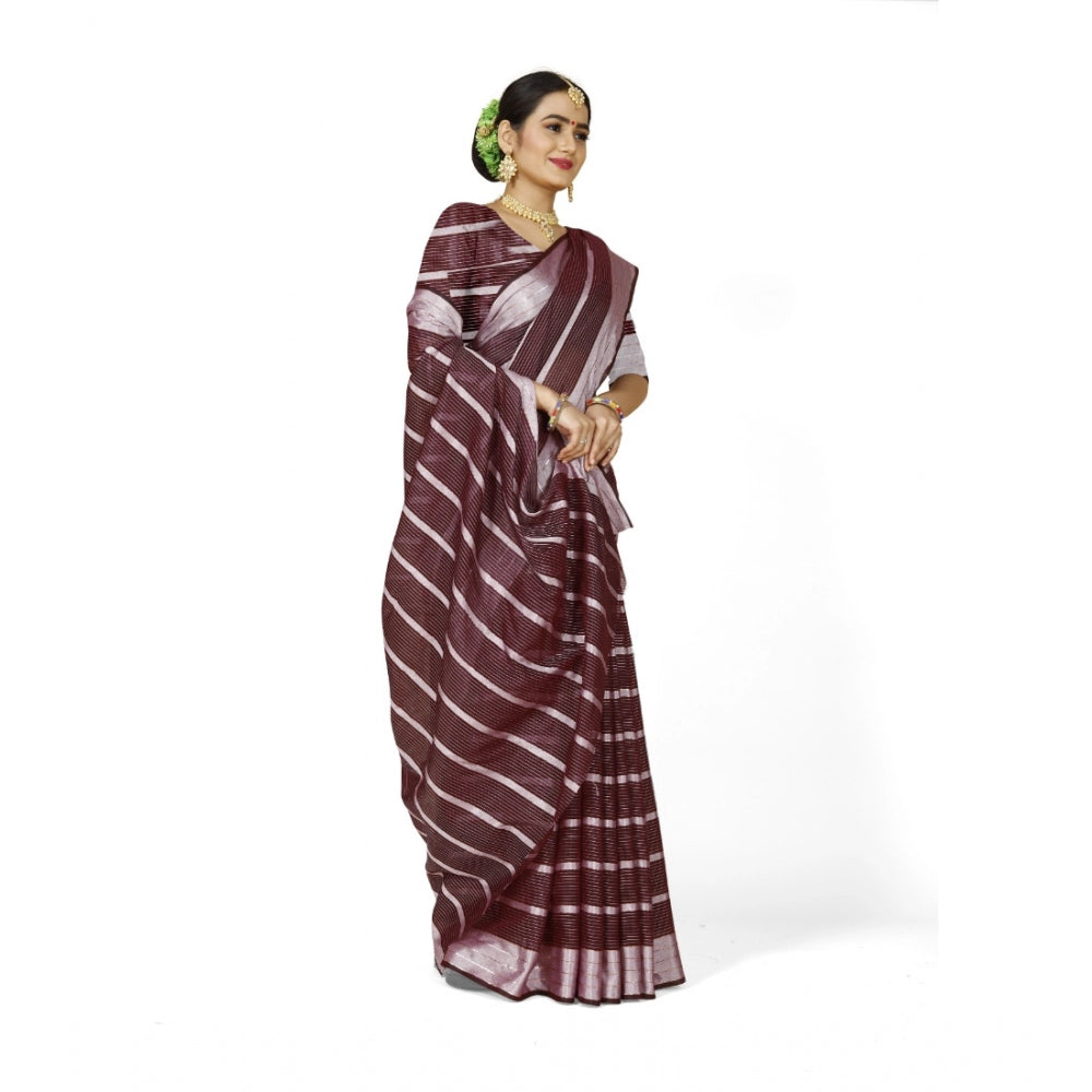 Women's Cotton Silk Striped Saree With Unstitched Blouse 5.5Mtr (Maroon)
