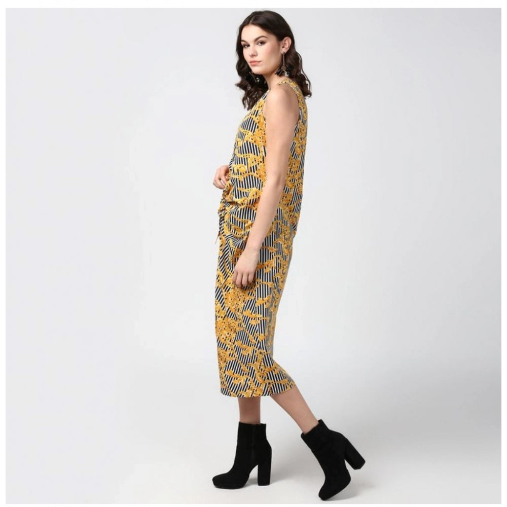 Women's Polyester Chain Print Sleeveless Below Knee Dress (Yellow - Black)