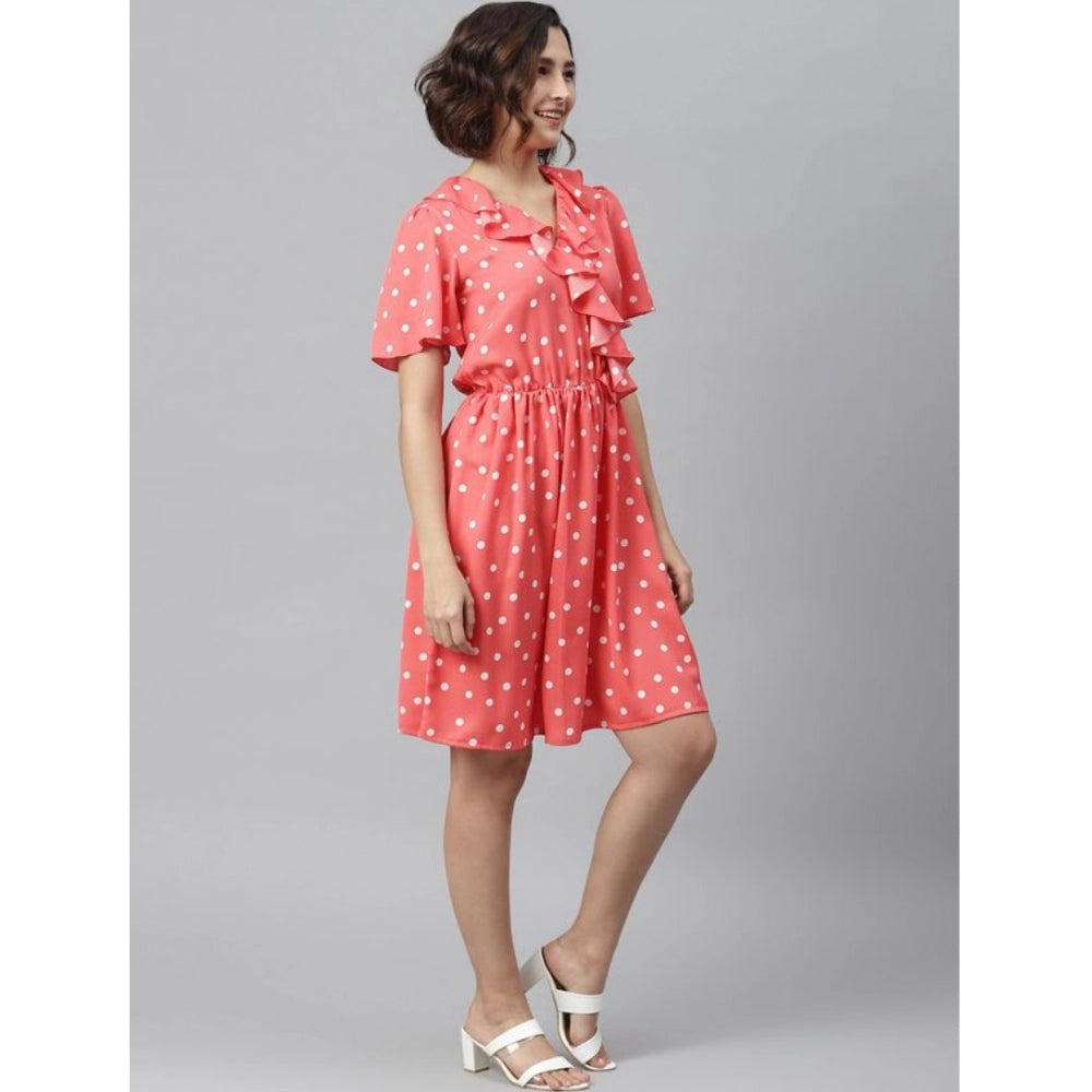 Women's Polyester Polka Flutter Above Knee Dress (Coral)