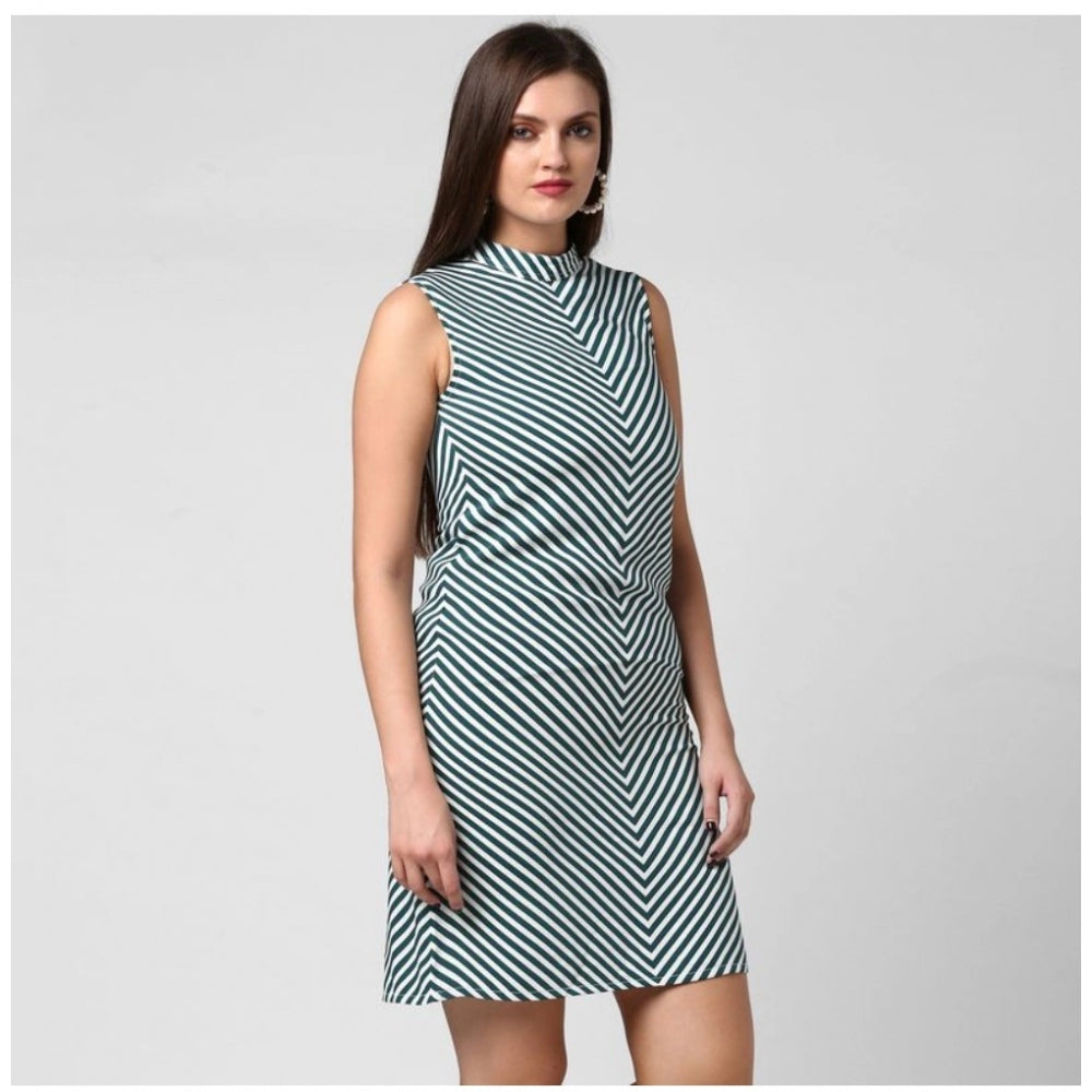 Women's Polyester Striped Sleeveless Above Knee Dress (Green)