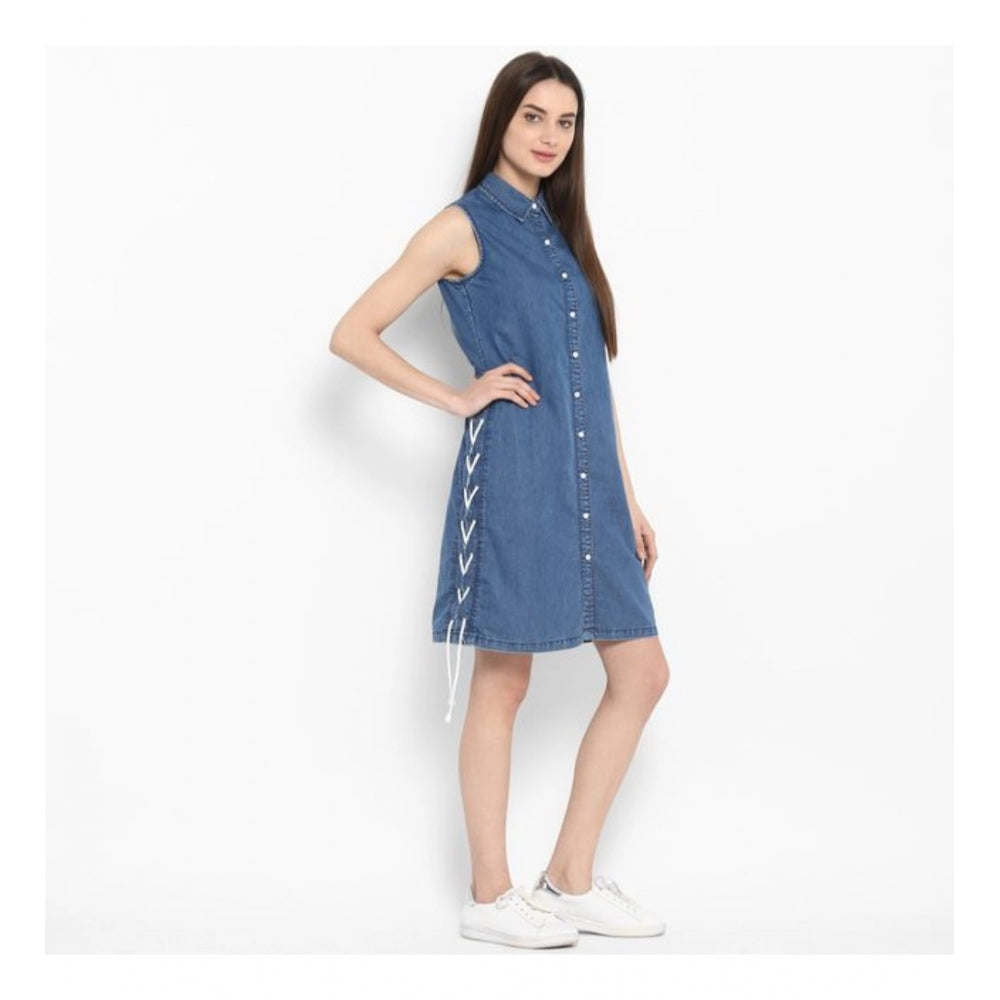 Women's Denim Solid Sleeveless Above Knee Dress (Blue)