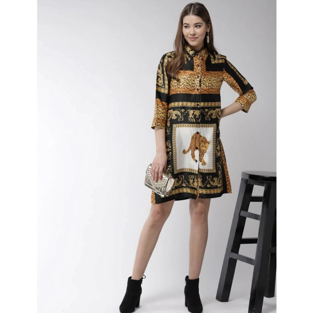 Women's Satin Animal Print 3-4th Sleeves Above Knee Dress (White - Orange)