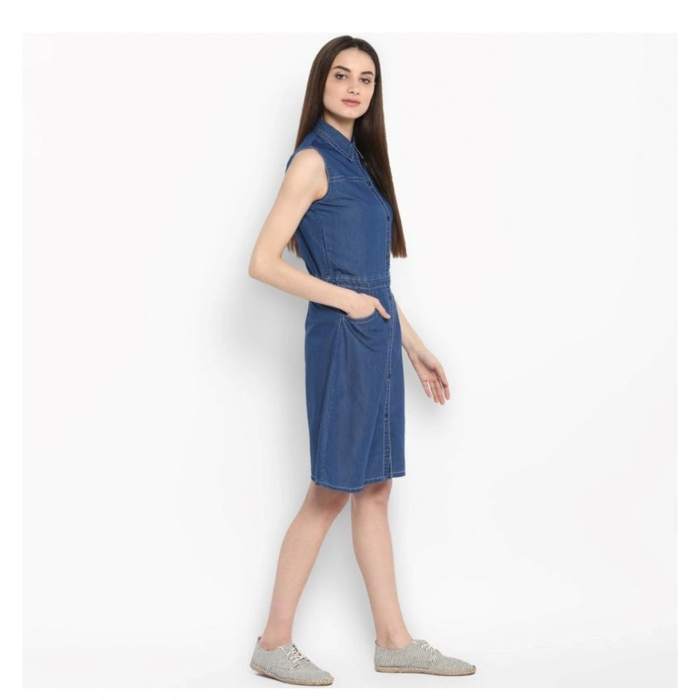 Women's Denim Solid Sleeveless Above Knee Dress (Blue)