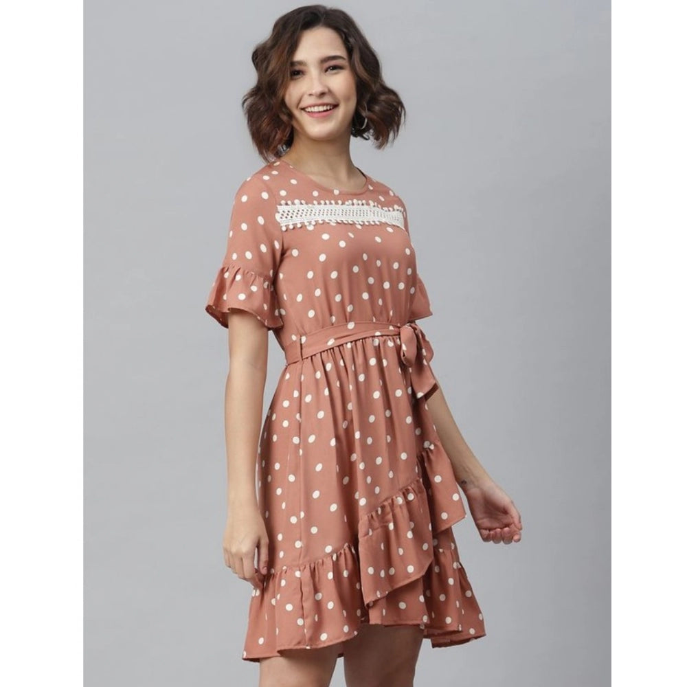 Women's Polyester Polka Bell Sleeve Above Knee Dress (Brown)