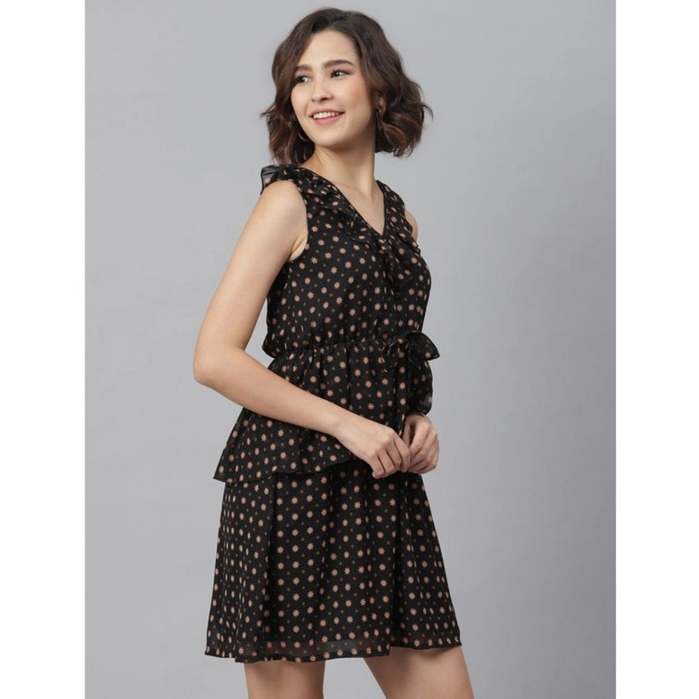 Women's Polyester Peplum Sleeveless Above Knee Dress (Black)