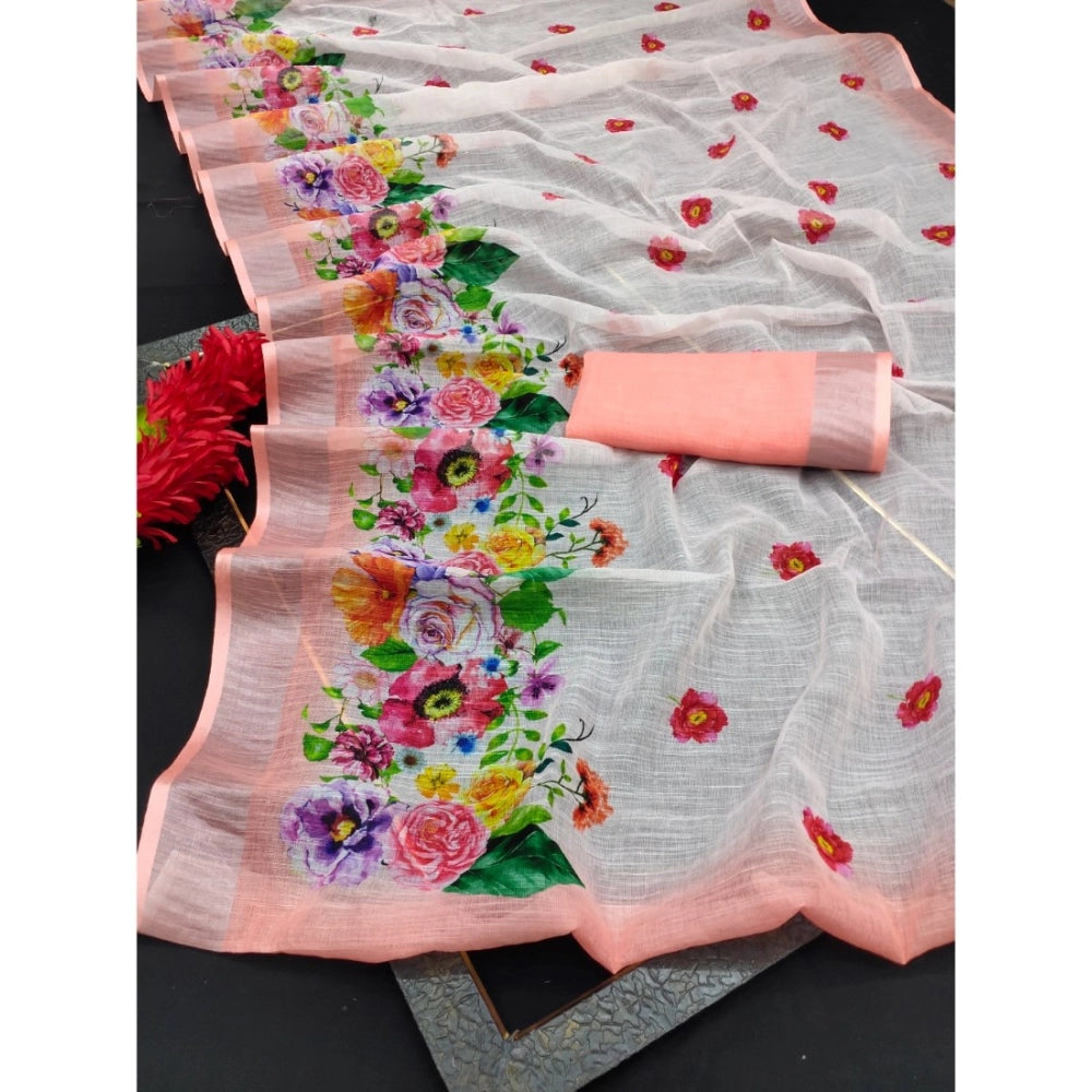 Women's Cotton Linen Woven Design Saree With Unstitched Blouse 5.5Mtr (Peach)