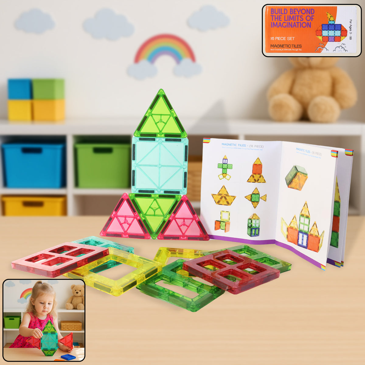 Magnetic Building Tiles Construction Toy Set (16 Pc Set)