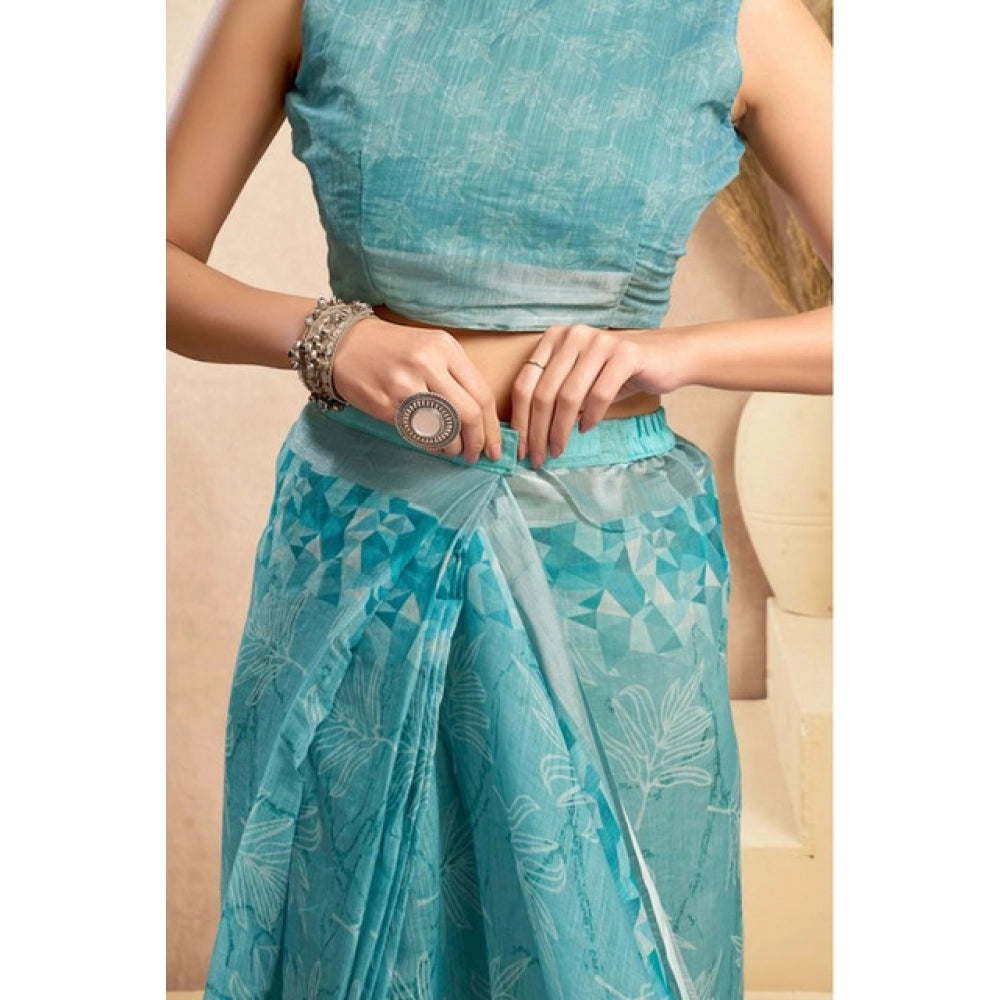 Women's Faux_Linen Printed Ready-to-Wear Saree With Unstitched Blouse 5.5 Mtr (Aqua_Blue)