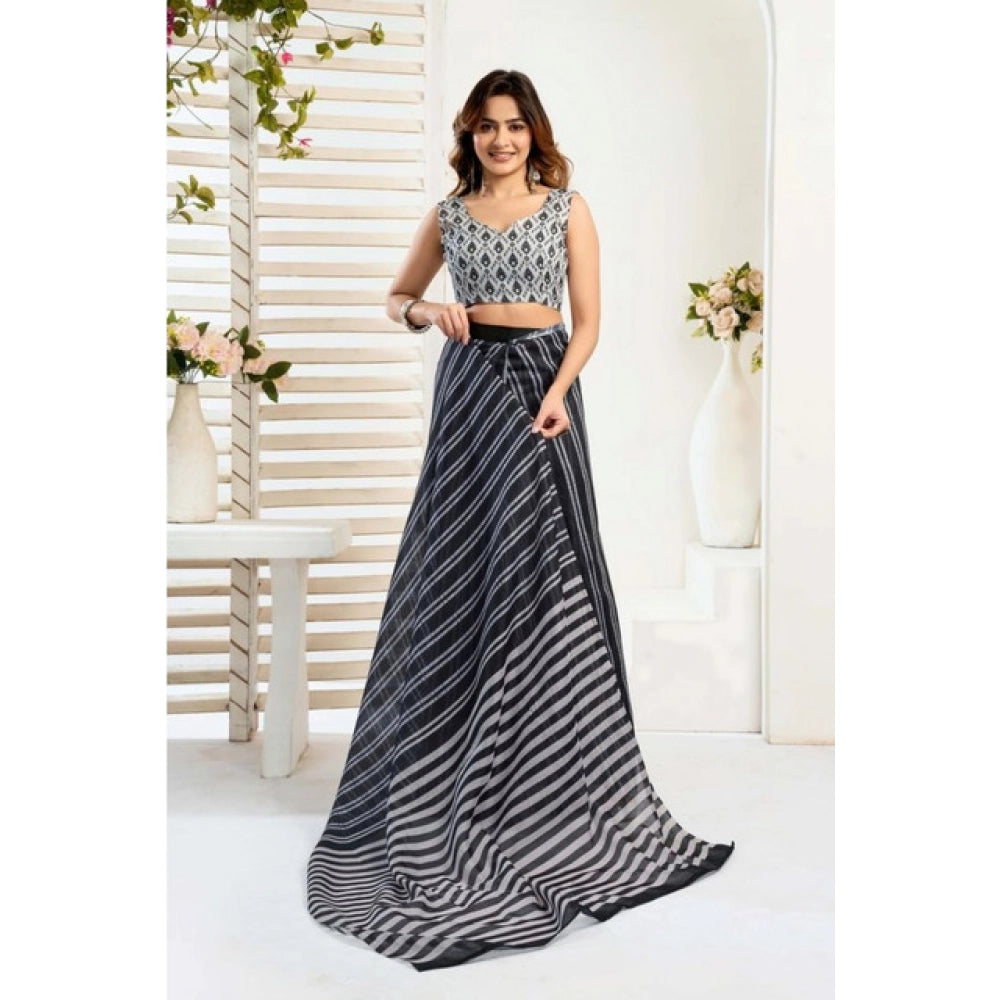 Women's Faux_Linen Printed Ready-to-Wear Saree With Unstitched Blouse 5.5 Mtr (Black)