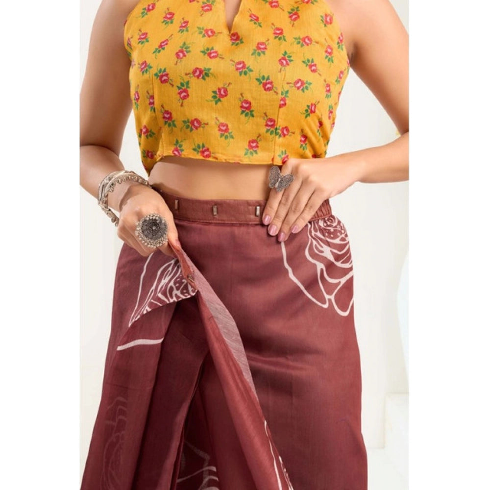 Women's Faux_Linen Printed Ready-to-Wear Saree With Unstitched Blouse 5.5 Mtr (Brown)