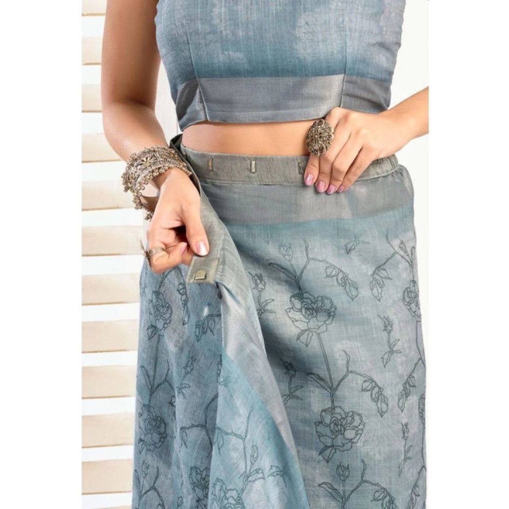 Women's Faux_Linen Printed Ready-to-Wear Saree With Unstitched Blouse 5.5 Mtr (Light_Blue)