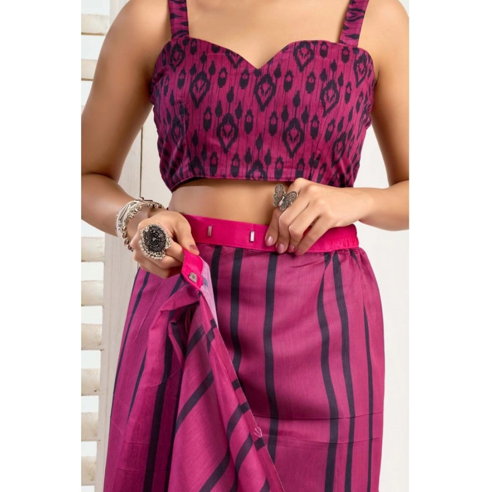 Women's Faux_Linen Printed Ready-to-Wear Saree With Unstitched Blouse 5.5 Mtr (Magenta)