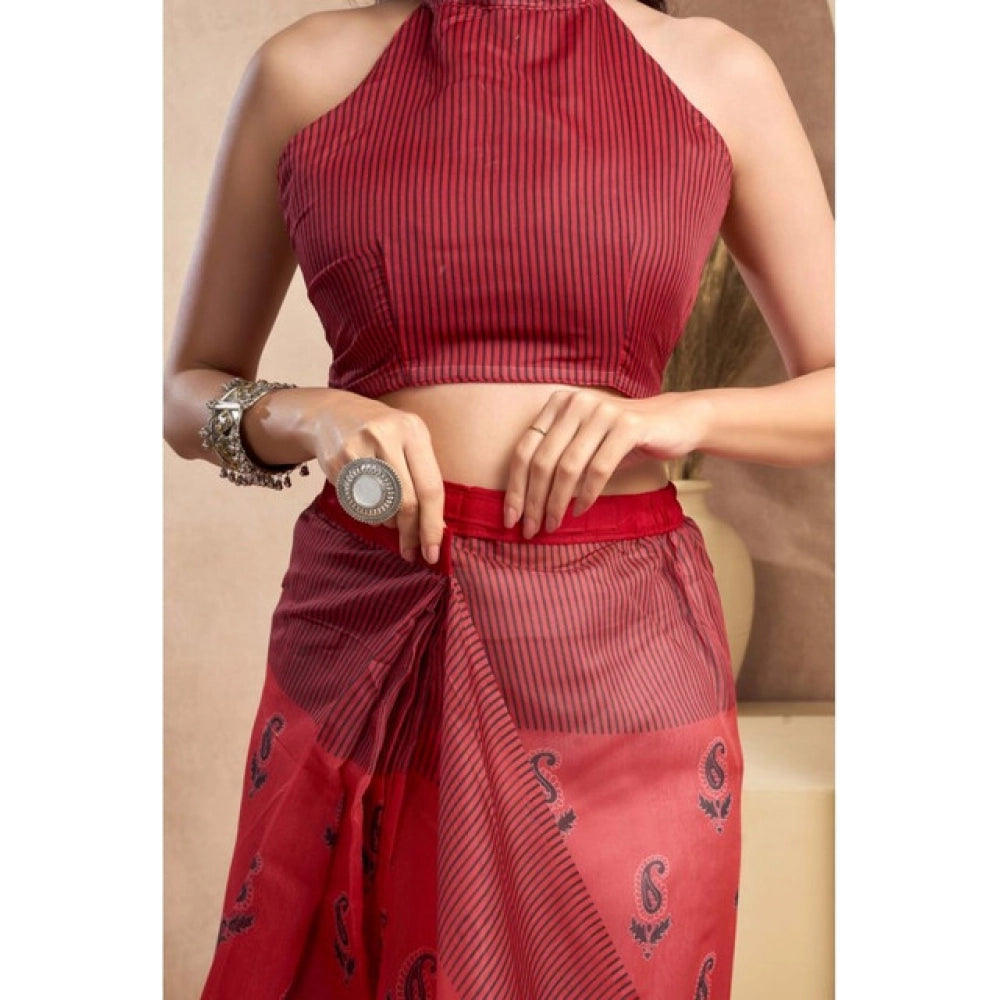 Women's Faux_Linen Printed Ready-to-Wear Saree With Unstitched Blouse 5.5 Mtr (Red)