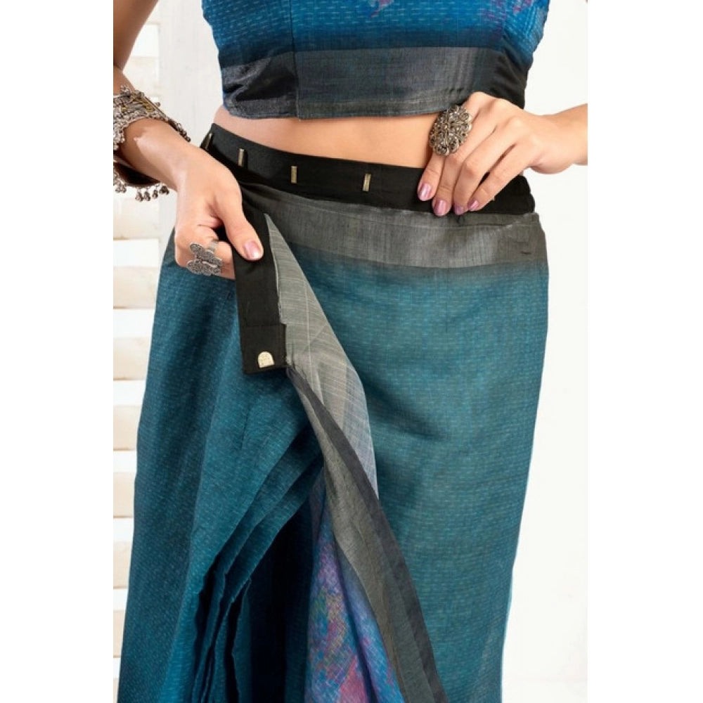 Women's Faux_Linen Printed Ready-to-Wear Saree With Unstitched Blouse 5.5 Mtr (Teal)