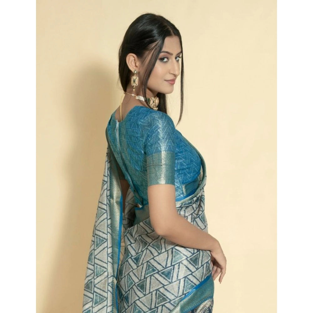 Women's Polyester Printed Saree With Unstitched Blouse 5.5 Mtr (Turquoise)
