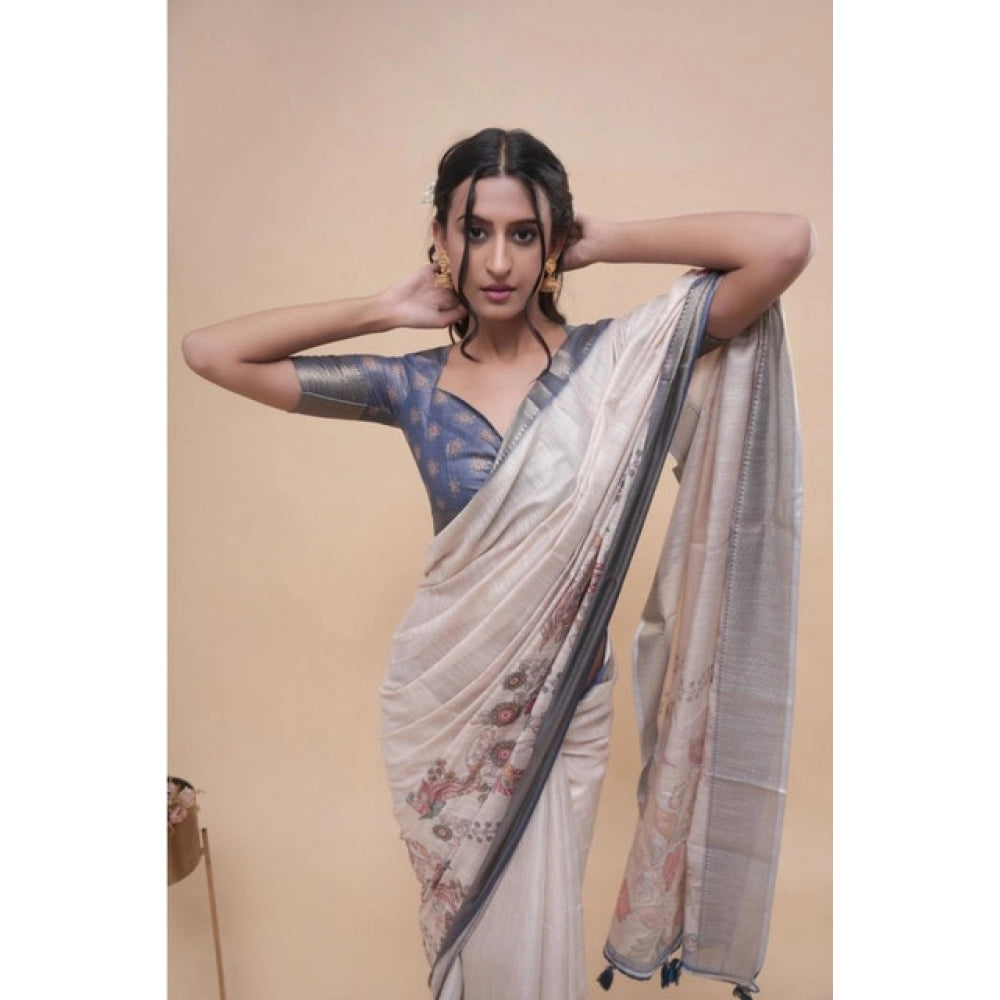 Women's Polyester Printed Saree With Unstitched Blouse 5.5 Mtr (Off-White)