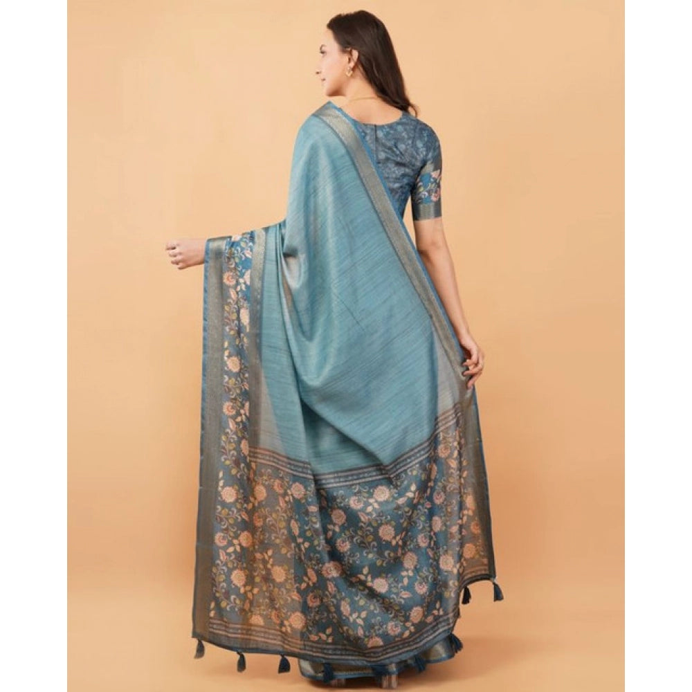 Women's Polyester Printed Saree With Unstitched Blouse 5.5 Mtr (Blue)