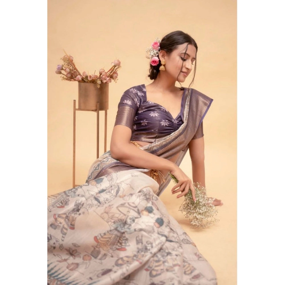 Women's Polyester Printed Saree With Unstitched Blouse 5.5 Mtr (Off-White)