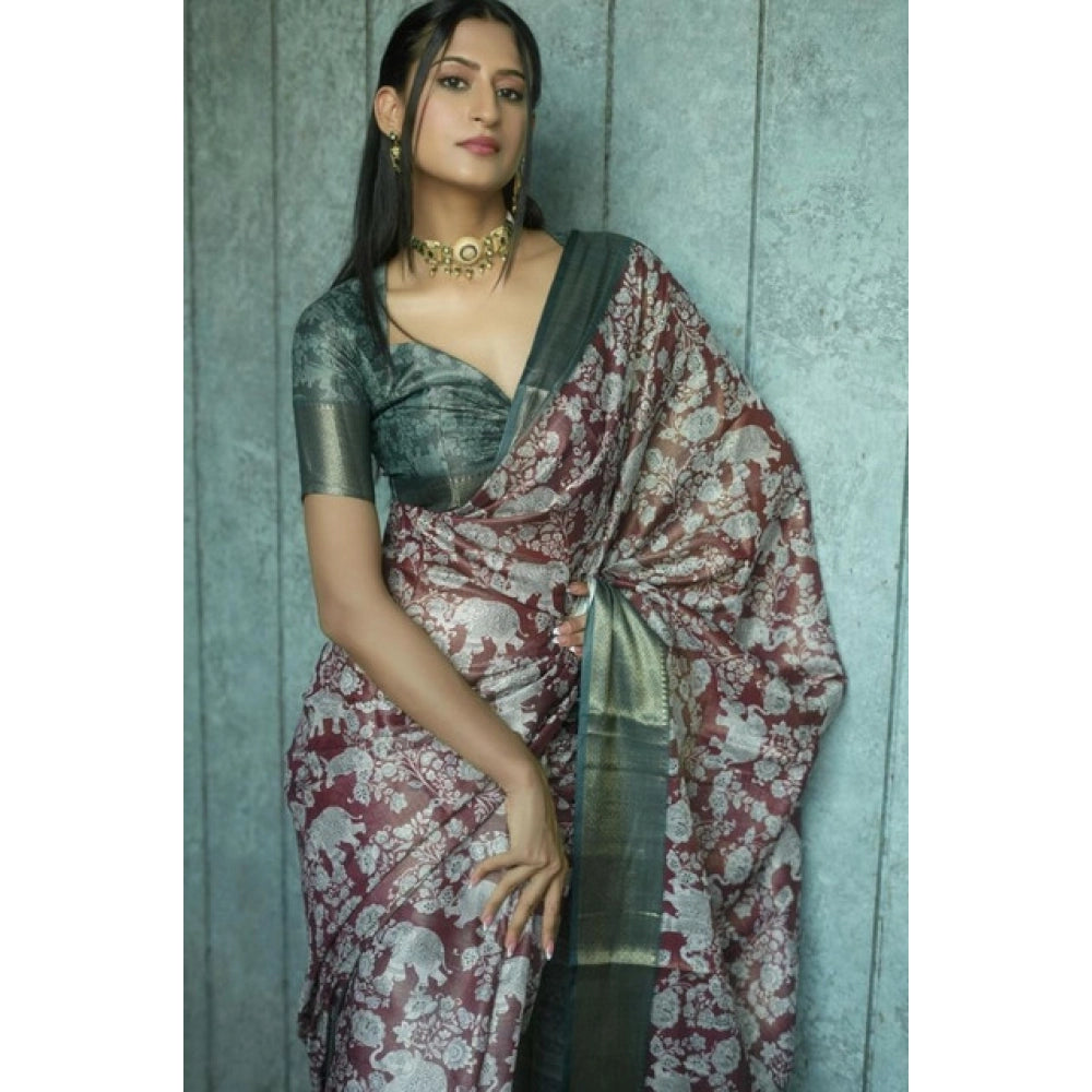 Women's Polyester Printed Saree With Unstitched Blouse 5.5 Mtr (Maroon)