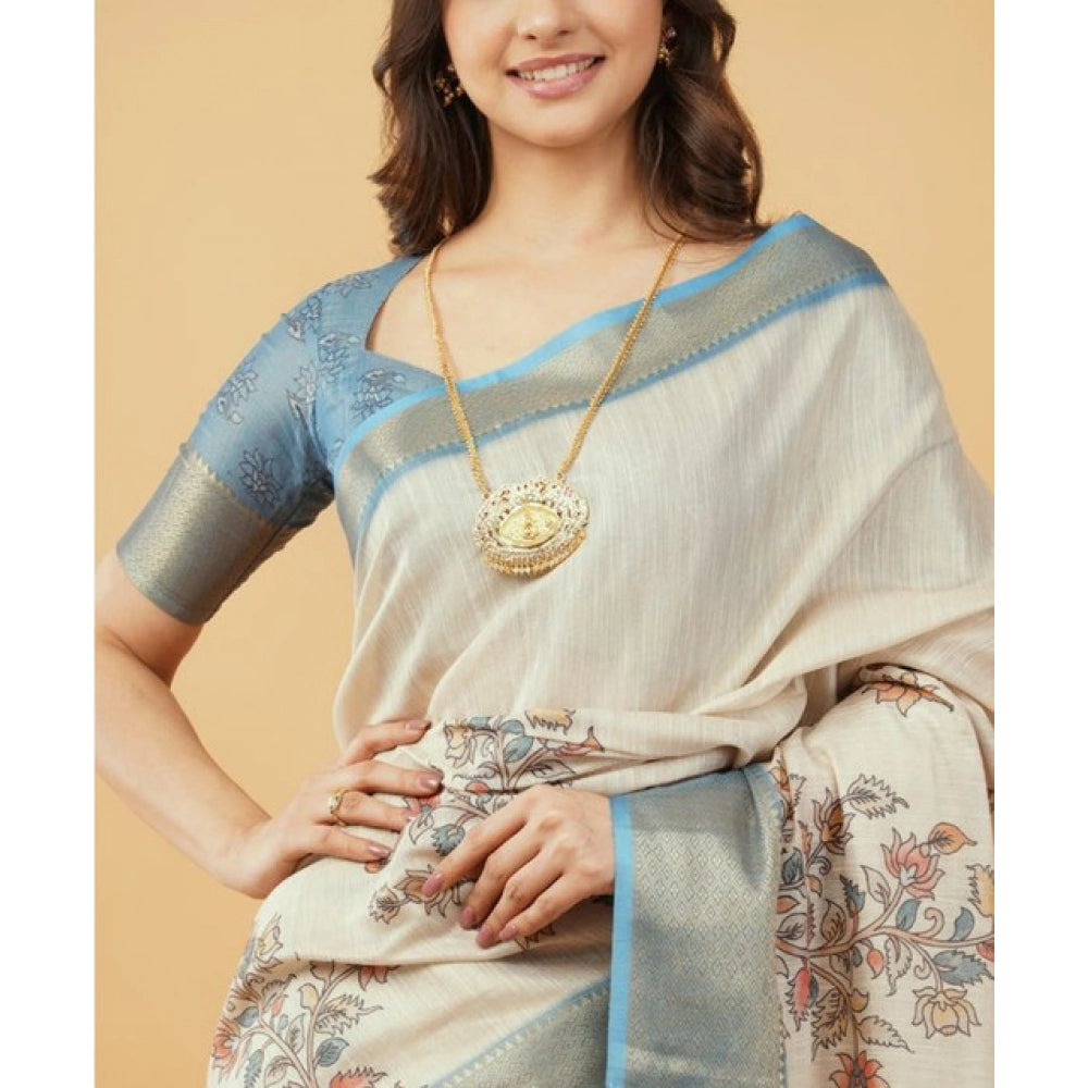 Women's Polyester Printed Saree With Unstitched Blouse 5.5 Mtr (Cream)