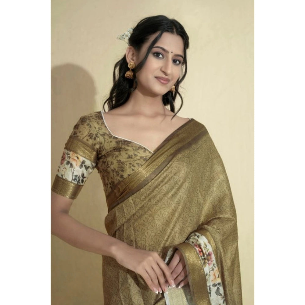 Women's Polyester Printed Saree With Unstitched Blouse 5.5 Mtr (Gold)