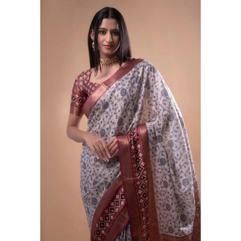 Women's Polyester Printed Saree With Unstitched Blouse 5.5 Mtr (Off-White)