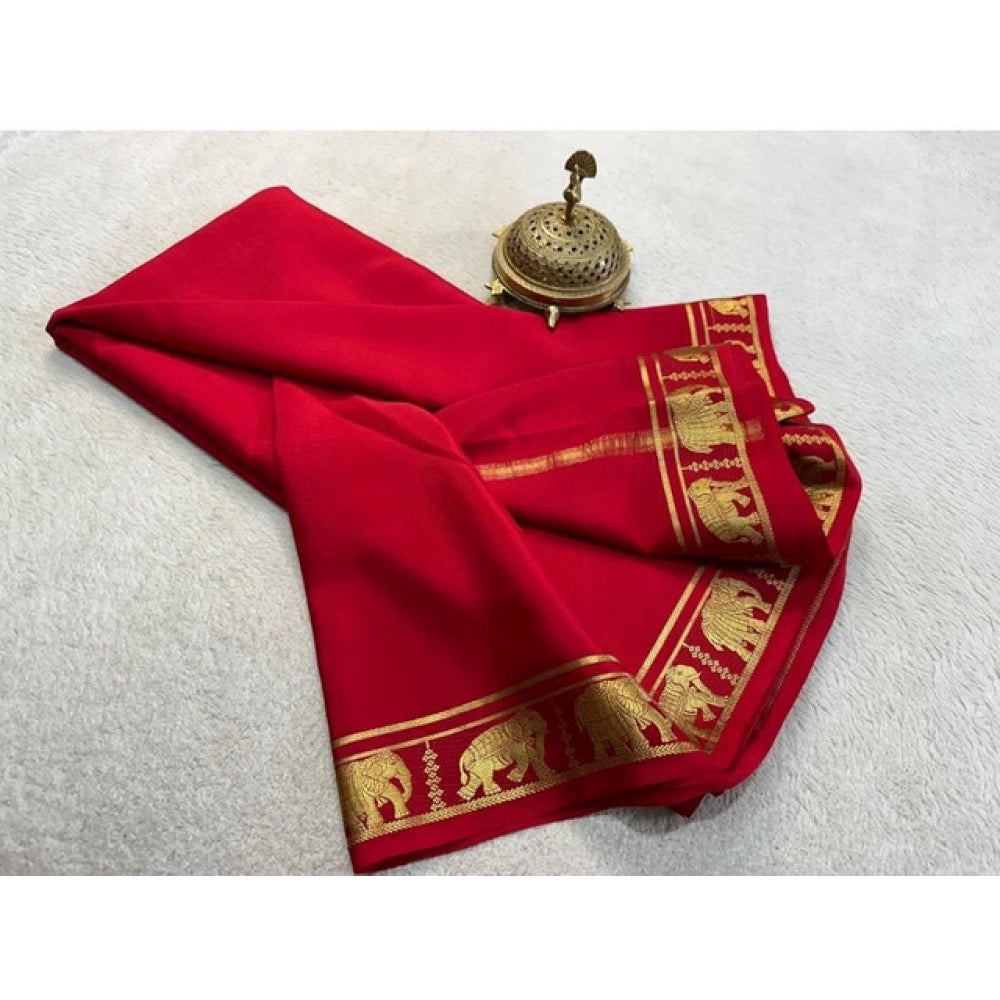 Women's Crepe Chit Pallu Solid Saree With Unstitched Blouse 5.5Mtr (Red)