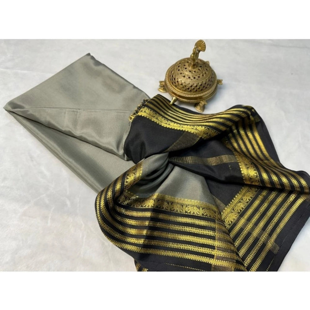 Women's Crepe Chit Pallu Solid Saree With Unstitched Blouse 5.5Mtr (Gray)