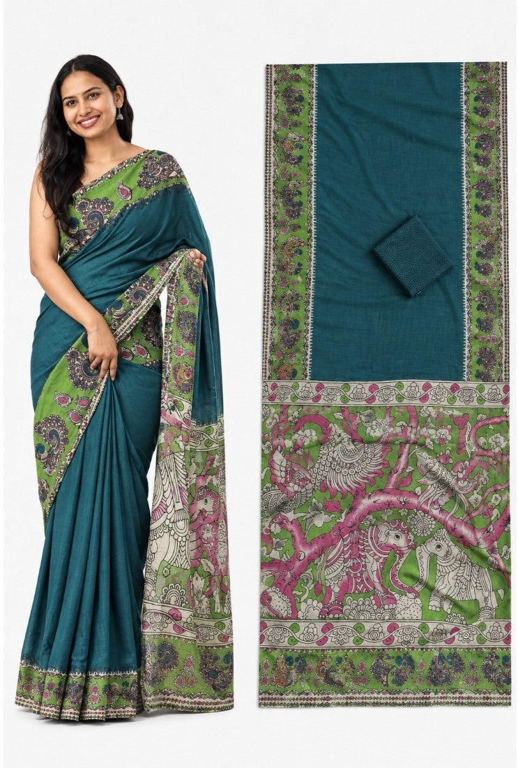 Generic Women's Linen Kalamkari Printed Saree With Unstitched Blouse - 5.5 Mtr (Teal)