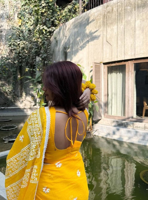 Generic Women's Linen Floral Printed Saree With Unstitched Blouse - 5.5 Mtr (Yellow)