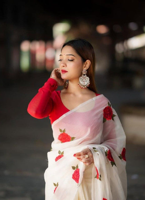 Generic Women's Linen Floral Printed Saree With Unstitched Blouse - 5.5 Mtr (White-Red)