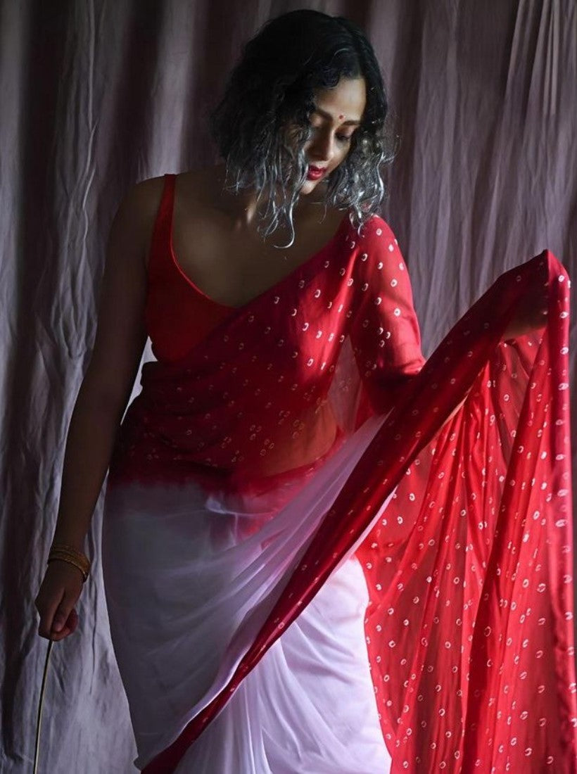 Generic Women's Linen Printed Saree With Unstitched Blouse - 5.5 Mtr (White-Red)