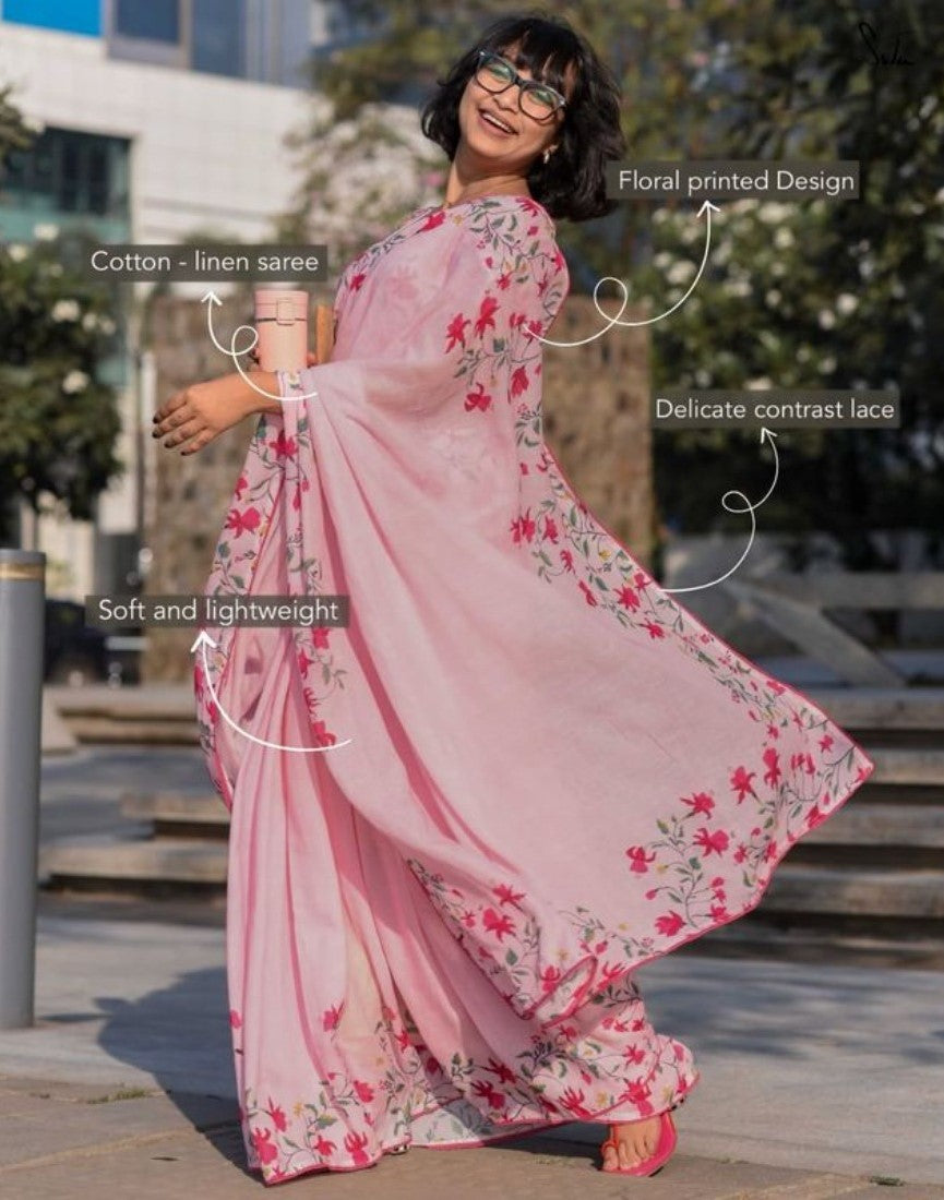 Generic Women's Linen Floral Printed Saree With Unstitched Blouse - 5.5 Mtr (Pink)