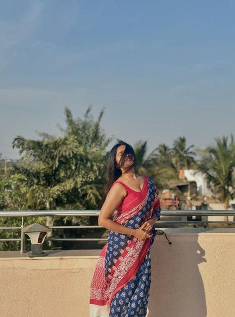 Generic Women's Linen Printed Saree With Unstitched Blouse - 5.5 Mtr (Blue-Red)