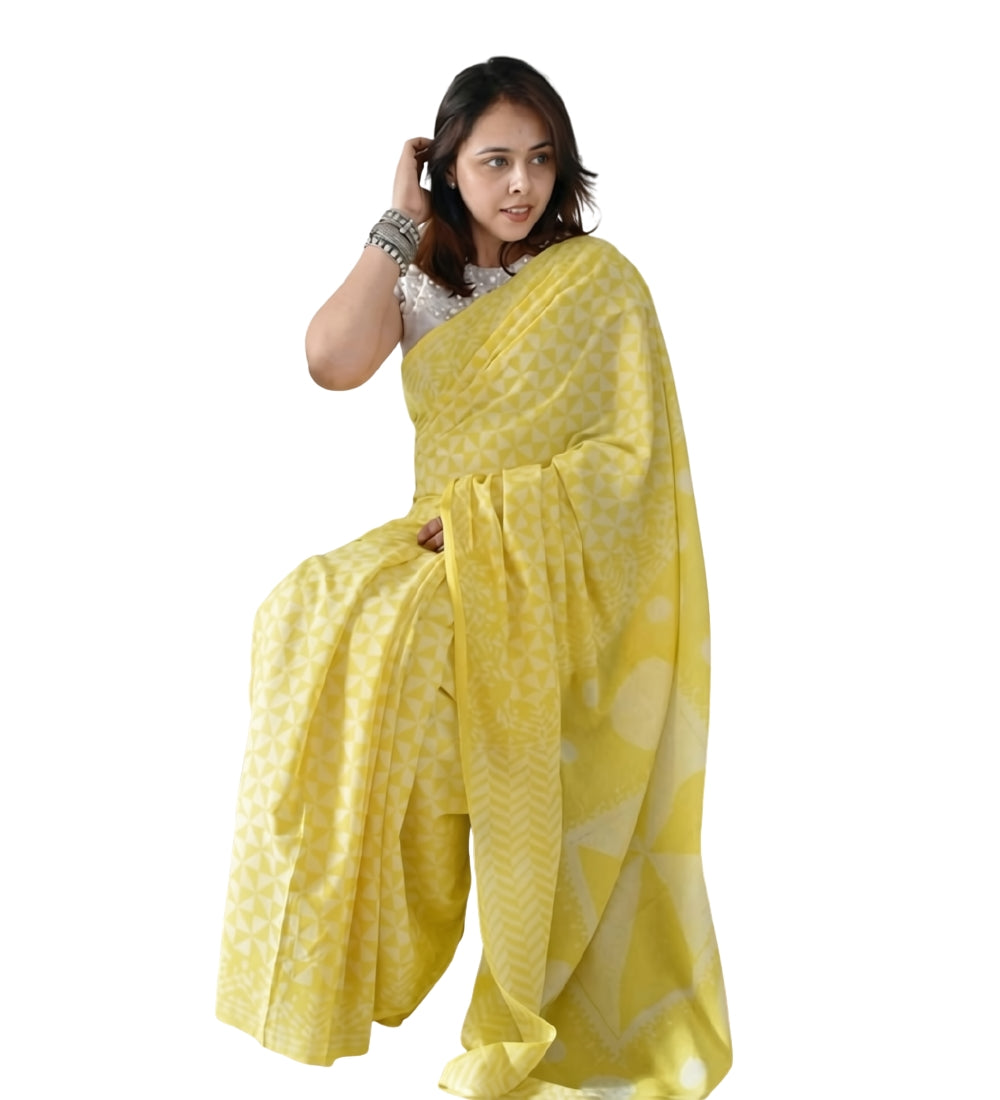 Generic Women's Linen Printed Saree With Unstitched Blouse - 5.5 Mtr (Yellow)