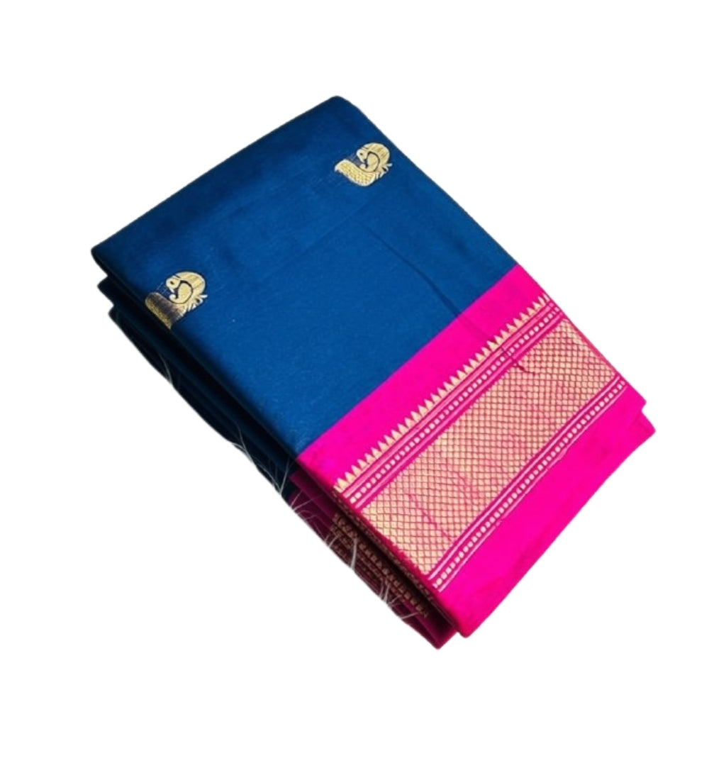 Generic Women's Cotton Silk Solid Saree With Unstitched Blouse - 5.5 Mtr (Navy Blue-Pink)