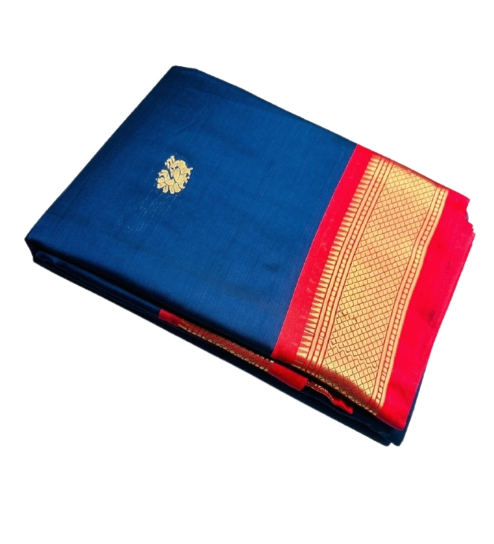 Generic Women's Cotton Silk Solid Saree With Unstitched Blouse - 5.5 Mtr (Navy Blue-Red)