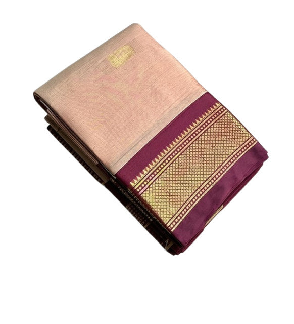 Generic Women's Cotton Silk Solid Saree With Unstitched Blouse - 5.5 Mtr (Peach-Maroon)