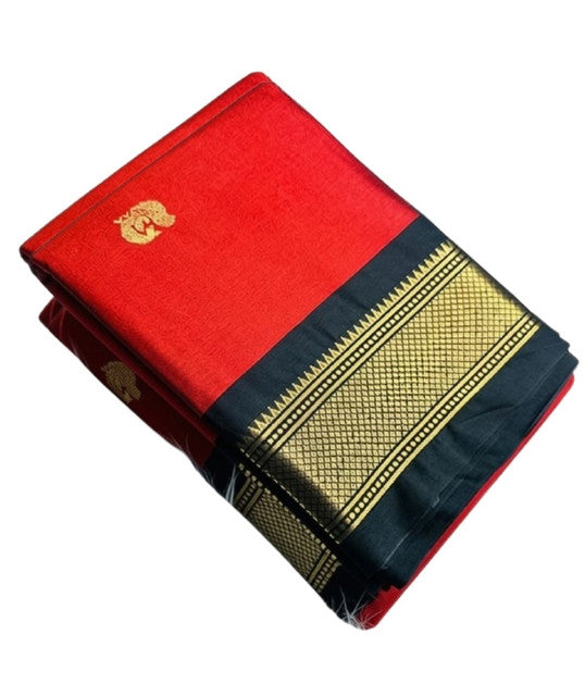 Generic Women's Cotton Silk Solid Saree With Unstitched Blouse - 5.5 Mtr (Red-Black)