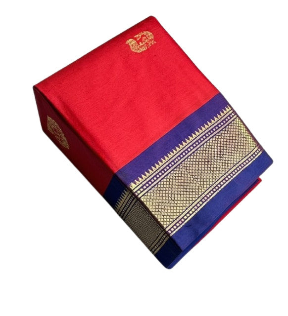 Generic Women's Cotton Silk Solid Saree With Unstitched Blouse - 5.5 Mtr (Red-Blue)