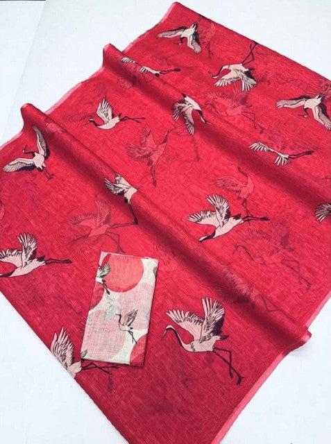 Generic Women's Linen Printed Saree With Unstitched Blouse - 5.5 Mtr (Pink)