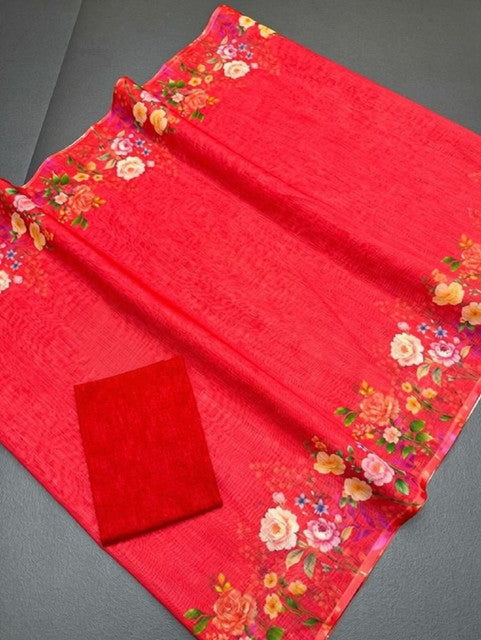 Generic Women's Linen Floral Printed Saree With Unstitched Blouse - 5.5 Mtr (Red)