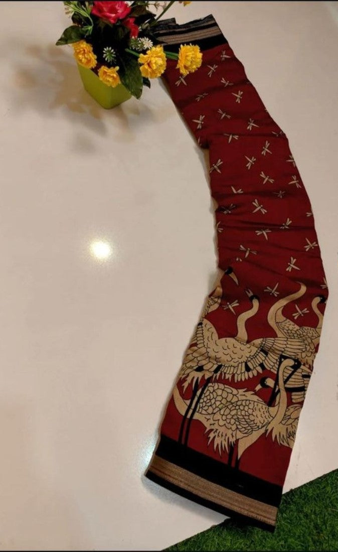 Generic Women's Linen Kalamkari Printed Saree With Unstitched Blouse - 5.5 Mtr (Red-Black)