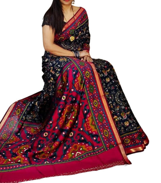 Generic Women's Linen Printed Saree With Unstitched Blouse - 5.5 Mtr (Black-Pink)