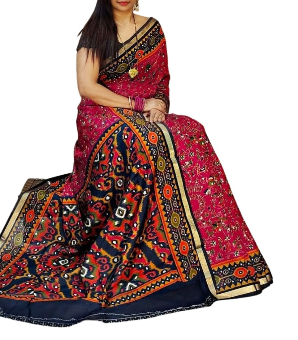Generic Women's Linen Printed Saree With Unstitched Blouse - 5.5 Mtr (Pink-Navy Blue)