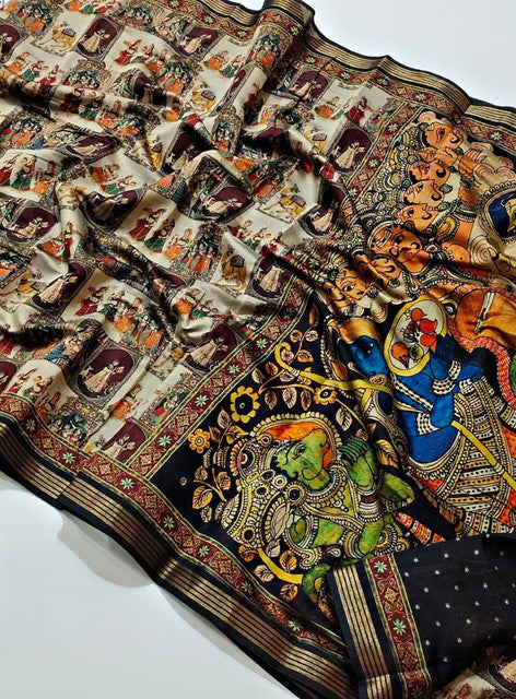 Generic Women's Linen Kalamkari Printed Saree With Unstitched Blouse - 5.5 Mtr (Multicolor)