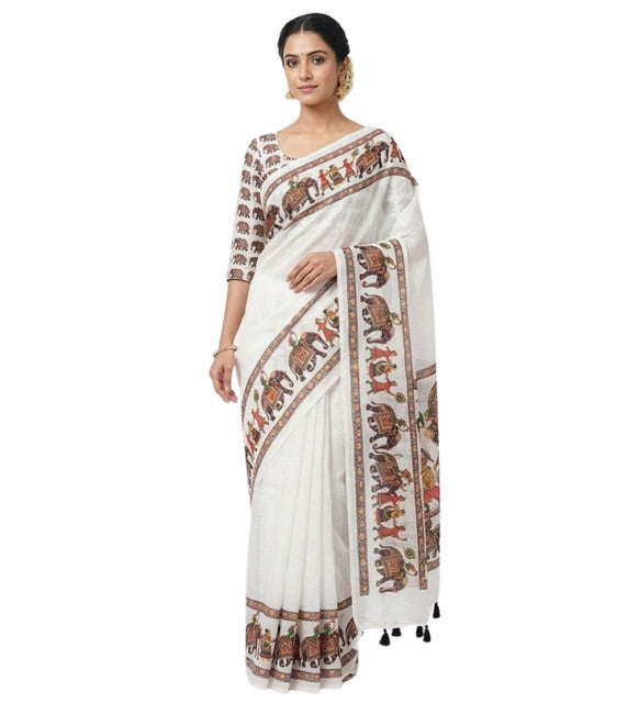 Generic Women's Linen Kalamkari Saree With Unstitched Blouse - 5.5 Mtr (White)