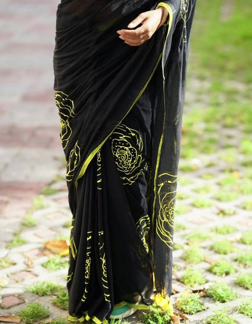 Generic Women's Linen Floral Printed Saree With Unstitched Blouse - 5.5 Mtr (Black)