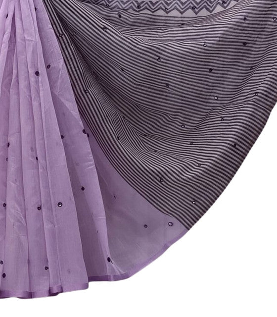Generic Women's Linen Striped Saree With Unstitched Blouse - 5.5 Mtr (Purple)