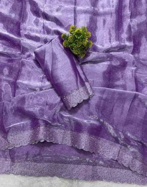 Generic Women's Fendy Chiffon Embellished Saree With Unstitched Blouse - 5.5 Mtr (Lavender)